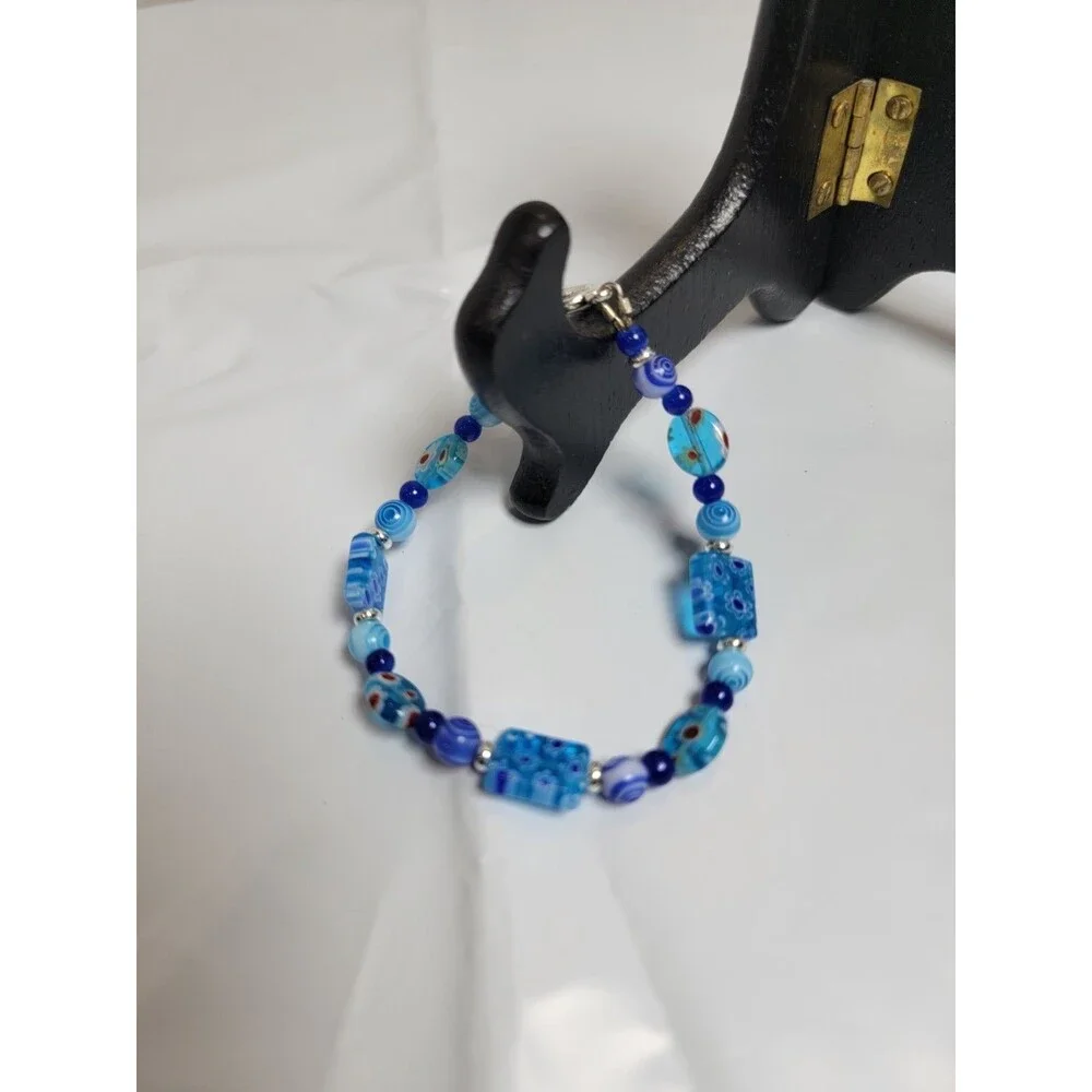 Blue Millefiori Style Beaded Bracelet Silver Tone Toggle Clasp Boho Jewelry